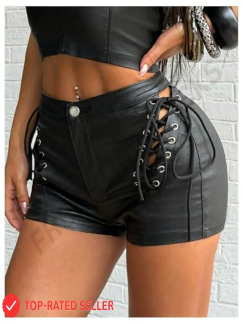 Faux Leather Lace Up High Waisted Mini Shorts Y2K Rave Night Out